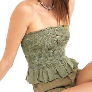 Free People We The Free Green Olive Babe Smocked Tube Top Ruffle hem Large